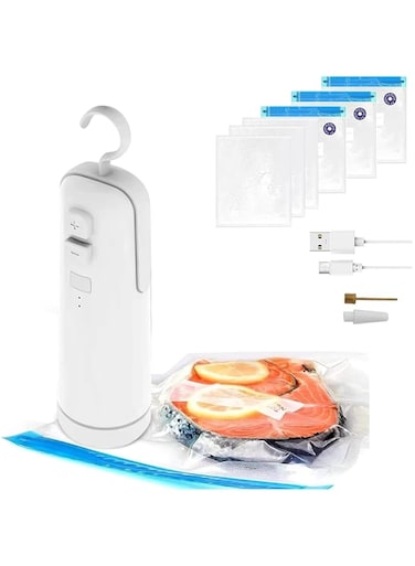Excefore Electric Vacuum Sealer, Rechargeable 4 in 1 Handheld Mason Jar Vacuum Sealer &amp; 3 PCS Reusable Vacuum Food Storage Bags for Jars Meat Storage Chamber Snacks Fresh