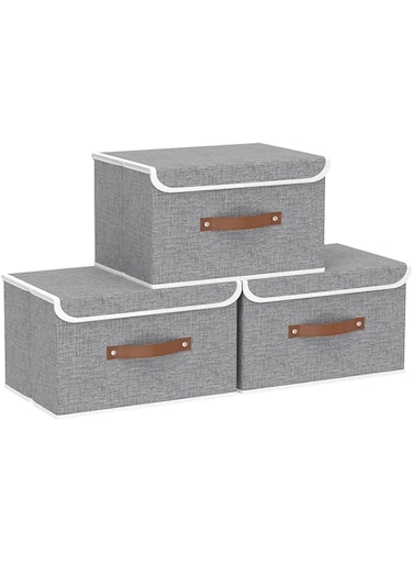 Yawinhe Collapsible Storage Boxes, Foldable Bin with Lids, Cube Clothes Organizer Basket with Handles, Grey, 13.0''Lx9.0''Wx7.9''H, 3-Pack, SNK024GS-3