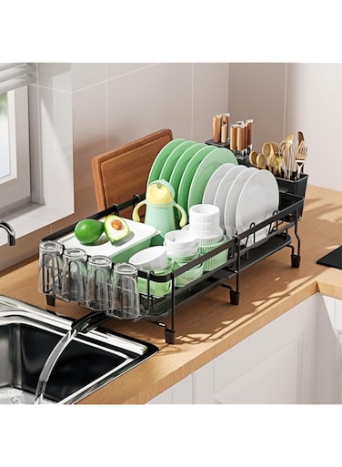 ANTOLE Large Dish Drying Rack with Drainboard Set，2 in 1 Multifunction Dish Rack for Kitchen Counter,Expandable Dish Drainer Over Sink, Large Dish Strainer with Drainboard &amp; Cups Holder