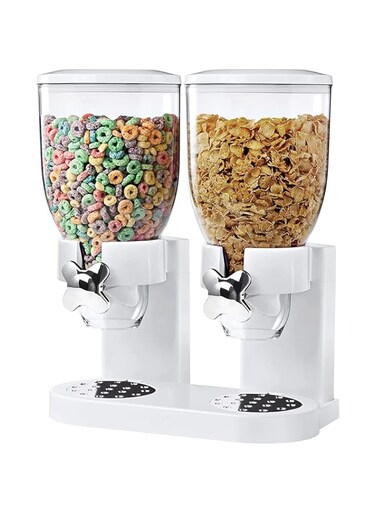 Double Cereal Dispenser Food Storage Container for Kitchen   Airtight &amp; Wall-Mounted Dry Food &amp; Grain Storage Containers Dispenser   BPA Free Plastic Food Container   White