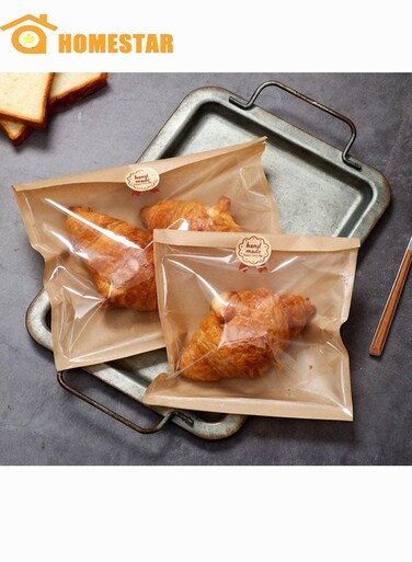 100 Pcs Sandwich Bags, Kraft Brown Paper Bags with Window, Individual Heat Seal Bakery Bag with Sticker, Cookie Bag for Party Favors, Snacks, Treats, Bread Baked Goods Packaging