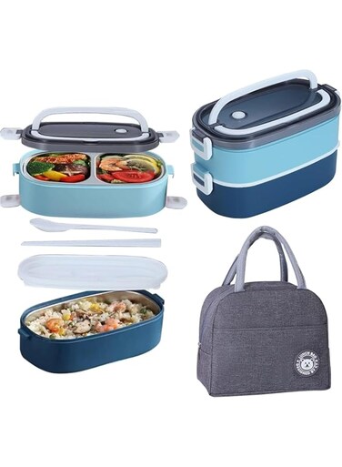 Lunch Box with Bag - Stainless Steel Lunch Box, Food Container with Utensils and Handle, Lunch Box For Kids And Adults BPA-Free and Food-Safe Materials (Blue)