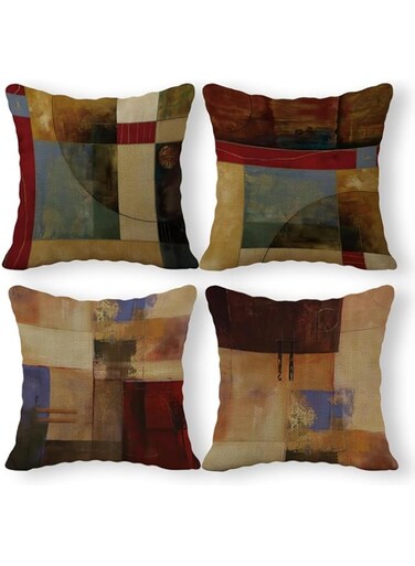 Tazweeq Pillow Case,Vintage Geometric Decor Linen Throw Pillow Case, 18 x 18 Inch Set of 4, New Living Room Decor, Modern Decor, Mid-Century Modern Style Cushion Cover for Sofa Couch Bed