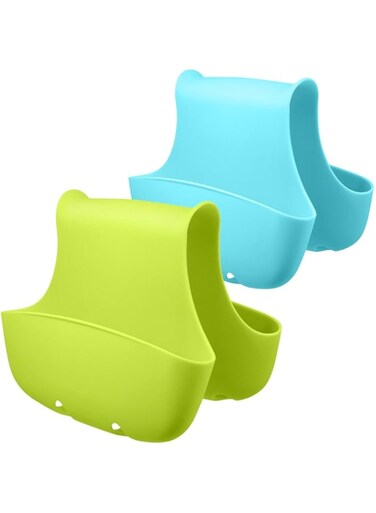 FineGood 2 Pack Sponge Holder for Kitchen Sink, Sink Sponge Holder Saddle Sinke Caddy Soap Holder for Kitchen Bathroom Plastic Basket - Blue, Green