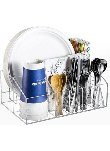 Utensil Silverware Caddy for Party Acrylic Paper Plate Dispenser Holders Organizer Lazy Susan Buffet Caddy for Plastic Plates Napkins Cup Flatware Cutlery, Hosting Entertaining Essentials for Picnic