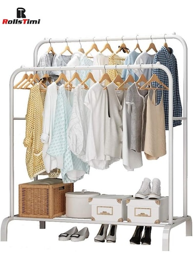 Garment Rack，Freestanding Hanger Double Pole Multi-functional Bedroom Clothing Rack, White