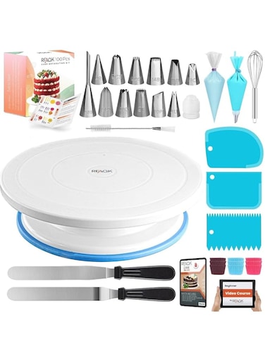 RFAQK 100Pcs Cake Turntable Set - Cake Decorating Supplies Kit with 30 Piping Bags, 12 Numbered Icing Tips, 50 Cupcake Liners, Cake Decorating Tools, 2 Icing Spatula, Scrapper Set