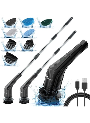 Supvox&reg; Electric Cleaning Brush, 2-Speed Cordless Cleaning Brush, with Adjustable Handle and 7 Heads Waterproof Electric Spin Scrubber, Detachable Handle Cleaning Brush for Tile, Window and Floor