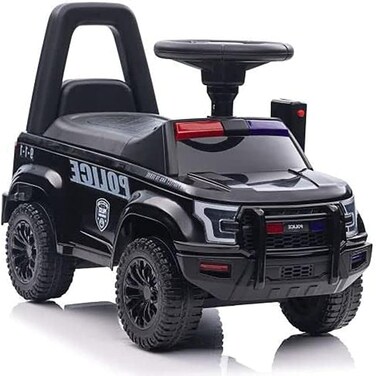 سيارة دفع يدوية سوداء اللون، من نوع Lb-993-Colorland، مخصصة لركوب الأطفال من الشرطة.