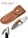 Opener, with Leather Pouch, Wood Handle Double-Hinged Stainless, Steel Screw Beer Bottle