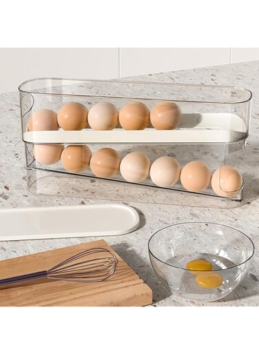 Auto Rolling Fridge Egg Organizer, Double Layer Egg Holder with Lid, Space Saving Egg Organizer Container, Egg Dispenser for Refrigerator (1 PCS)