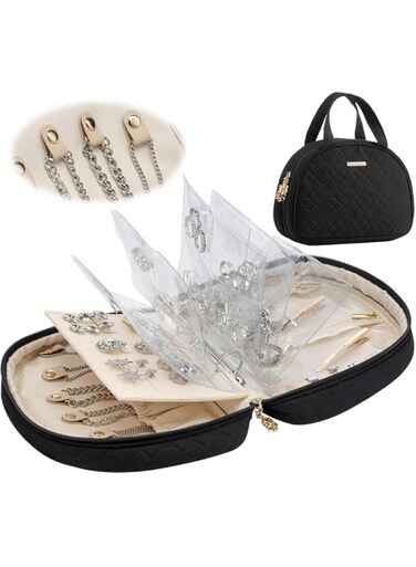 Jewelry Travel Organizer Case, Azonee Ring Binder Design with Clear Booklet &amp; Zipper Pouch, Jewelry Storage for Necklaces, Earrings, Rings, Bracelets, Black, Gift for Women