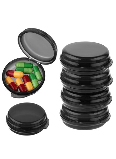 6 PCS Black Small Pill Box, Travel Round Pill Case, Portable Medicine Pill Container Holder.