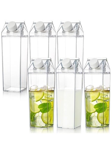 yarlung 6 Pack Milk Carton Water Bottle, 17 Oz Clear Plastic Milk Box Portable Square Juice Bottle for Outdoor Sports Travel Camping