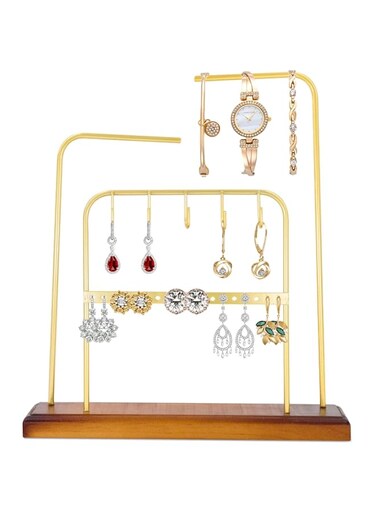 AC&amp;L Jewelry Organizer 4 tier Wooden Base Metal Jewelry Holder Stand, Jewelry Display Rack for Watches, Necklace, Earrings, bracelet, Accessories, Aesthetic Jewelry Hanging Organizer (Gold-Wood)