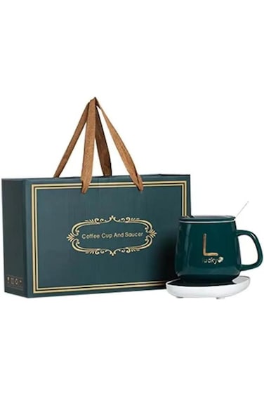 Electric Mug Warmer with Ceramic Cup, Auto Shut-Off Coffee/Tea Warmer Plate for Desk, Green Gift Set