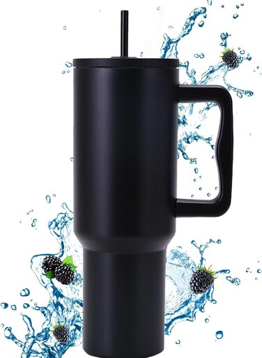 40 oz Stainless Steel Tumbler with Handle &amp; Straw Lid - Double-Wall Vacuum Insulated Travel Mug, Keeps Hot/Cold 12 Hours - Coffee Tea Water Bottle (Black)