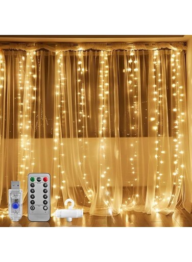 T Tersely Diwali 300 LED Fairy Curtain Lights with Remote Control 8 Lighting Modes 3x3m USB Plug String Light for Wedding Patio Garden Christmas Wall Decorations Home Garden Bedroom Outdoor Indoor