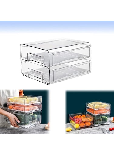 Refrigerator Drawers Organizer,ANTOLE Clear Plastic Stackable Refrigerator Organizer Bins,Pull Out Fridge Shelf Egg Holder Storage Box,Food Storage Containers for Kitchen,Fridge,Cabinet (2 Tiers)