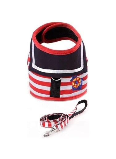 Red and White Navy Striped Sailor Anchor Style Pet Dog Harness and Leash Set for Walking Party (Red, M)