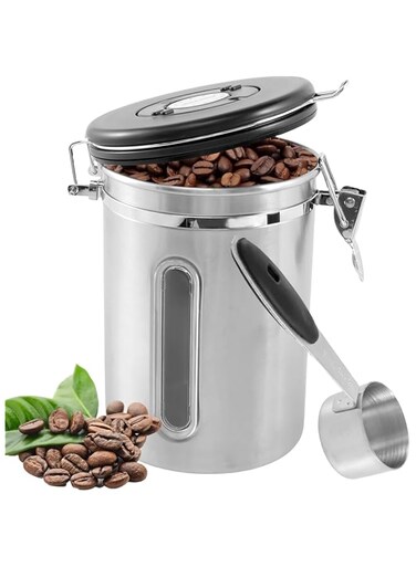 MostNow Tea &amp; Coffee Storage Canister, Kitchen Food Storage Container for Grounds Coffee, Beans, Tea, Flour, Cereal, Double Airtight Coffee Beans Container with Date Tracker and Scoop (Silver)