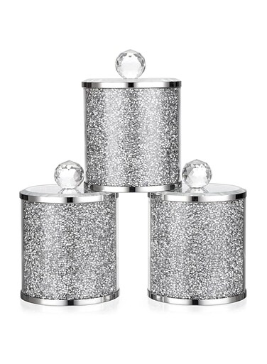 JUXYES Set of 3 Sparky Glass Crushed Diamonds Canisters Set for Sugar Coffee Tea, Luxurious Diamond Style Storage Containers Sets with Lids Decorative Storage Pots for Kitchen Counter Dining Room