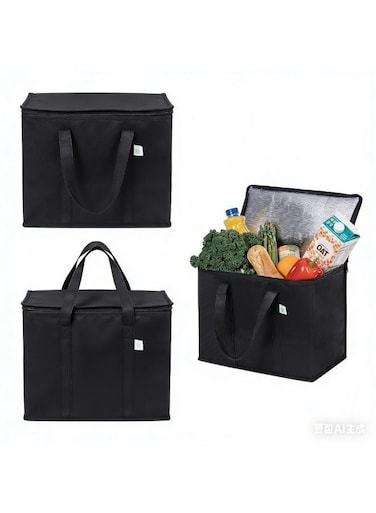 Pack Insulated Reusable Grocery Shopping Bag, Food Delivery, Cooler Bag, Heavy Duty, Large Size, Durable Handles, Dual Tab Zips, Lid, Stands Upright, Collapsible, Sustainable (Black, 3 Pack)