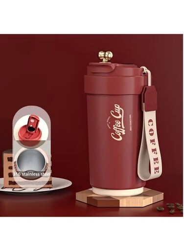 450ml covered insulated drum durable stainless steel coffee cup with strap reusable vacuum coffee bottle display travel cup (red)