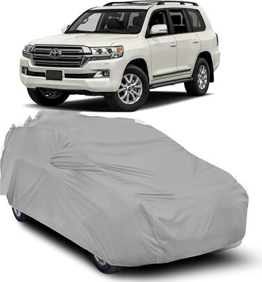 Presents Quality Water Resistant Car Cover for Toyota Land Cruiser with Triple Stitched Fully Elastic Ultra Surface Body Protection (Silver with Mirror Pocket)
