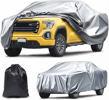 Car Cover Compatible with Gmc Sierra 1500, All-Weather Waterproof Protection, Heavy-Duty PEVA with Soft Spunlace Cotton Inner Layer, Windproof Straps &amp; Driver-Side Zipper Access Silver