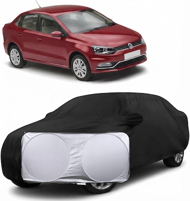 100% Waterproof Car Body Cover Compatible with Mirror &amp; Antenna Pockets for Volkswagen Ameo (Heavy Duty, Full Sized, Black) With Sunscreen