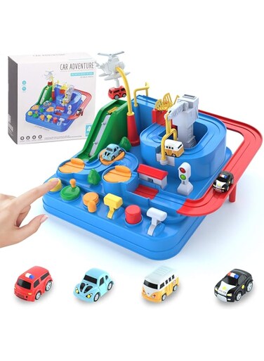 SUPERHIGH Car Adventure Toys for 3 4 5 6 7 8 Year Old Boys Girls, Race Tracks Toy for Boys with 4 Toy Vehicle, Preschool Educational Toy Car for Boys, Interactive Classic Toys Vehicle, Blue