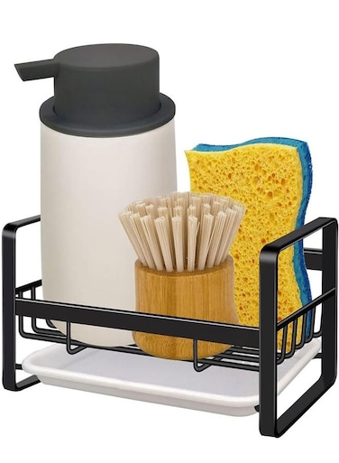Small Sponge Holder for Kitchen Sink With Removable Drip Tray Stainless Steel Kitchen Sink Caddy for Organizing Sponge, Brush, Dishes &amp; Accessories, Countertop or Wall Mount, Black