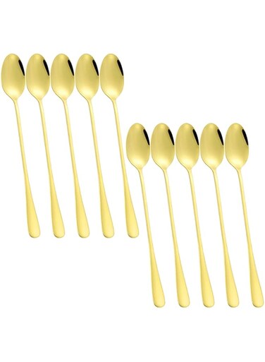 DaKuan Long Handle Stirring Spoon, Set of 10 Stainless Steel Mixing Spoon for Iced Tea, Coffee, Cocktail, Milkshake, Cold Drink- Gold
