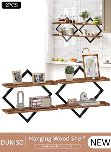 2 Packs Floating Shelves, 2Tiers Floating Shelf Wooden Hanging Rack, Wall Mounted Shelf Wooden Display Shelf, Hanging Shelf for Entrance Wall D&Atilde;&copy;cor, Bathroom Storage, Bedroom, Living Room