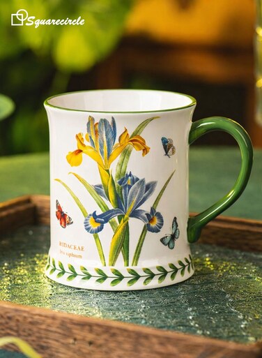 Iris Flower Ceramic Mug &acirc;&euro;&ldquo; 450ml Large Coffee &amp; Tea Cup with Butterfly Design, Elegant Floral Mug for Daily Use