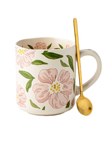 Peony Flower Pattern Ceramic Mug with Spoon - Dishwasher, Microwave &amp; Sterilizer Safe for Coffee, Tea &amp; Daily Drinks