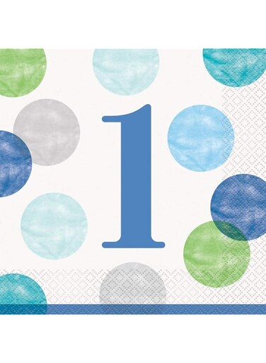 Unique Party 73302 Blue Dots 1st Birthday Paper Napkins, Pack of 16