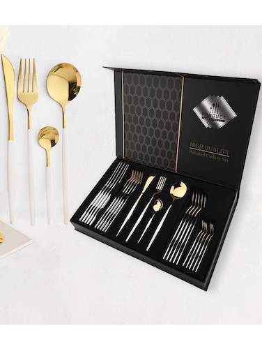 24 Pcs Stainless Steel Two Tone Luxury Sleek White Gold Plated Kitchen High Quality Cutlery Tableware Set Fork Spoon Knife in Velvet Gift Kraft Box