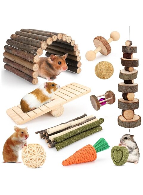 Wougzan Hamster Toys Guinea Pig Toys, Hamster Wheel Hamster Cage Accessories,Small Animal Molar Chew Toys for Chinchillas,Gerbils,Mice,Mouse,Rabbit,Bunny Hideout Seesaw (12 Different chew Toys)