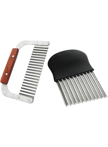 KASTWAVE Cabilock 2pcs Crinkle Cutters Wavy Chopper Cutters Stainless Steel Potato Fruit Vegetable Crinkle Cutters and French Fry Slicer Onion Holder Slicer Cutter Choppers