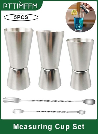 Stainless Steel Measuring Cup Set, Dual-Sided Liquid Measures &amp; Long Handle Stirrers for Home and Party Use