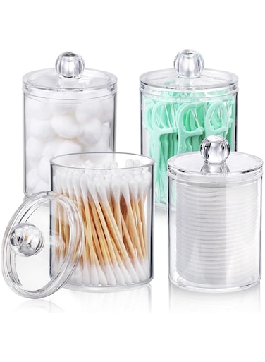 4 PACK Qtip Holder Dispenser for Cotton Ball, Cotton Swab, Cotton Round Pads, Floss Picks - Small Clear Plastic Apothecary Jar Set for Bathroom Canister Storage Organization, Vanity Makeup Organizer