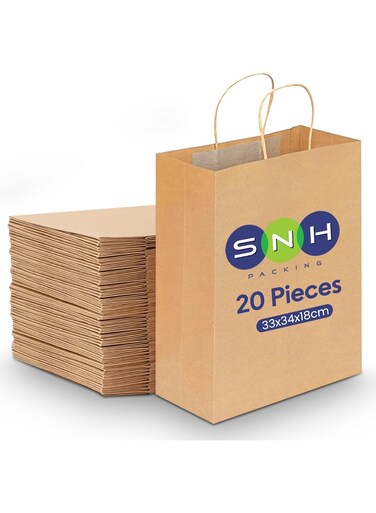 Packing 20 kraft paper bags &acirc;&euro;&ldquo; brown party gift bags with handles, 33x34x18 cm for birthdays and weddings