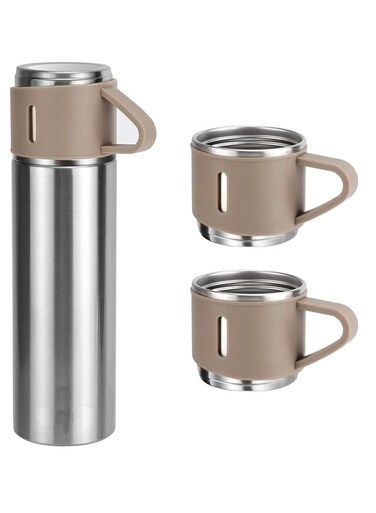 500ml Stainless Steel Vacuum Thermos Flask with Silicone Handle &acirc;&euro;&ldquo; Insulated Water Set with 2 Stainless Steel Cups for Hot &amp; Cold Drinks &acirc;&euro;&ldquo; Ideal for Outdoor Travel, Camping, Hiking   Gift Box Set (2 PACK) SILVER BEIGE