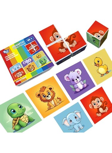 Pairez Toys 3D Plastic Cubic Jigsaw Puzzle Toys for Toddlers, Large Building Blocks Cubes 1.65 Inches, Integrated with Magnets, 6 Patterns in Animal Theme