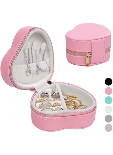 Small Heart Jewelry Organizer for Girls Birthday Gift Pu Leather Travel Case for Rings Earrings Necklaces Organizing Portable Mini Jewelry Box for Women (Pink)