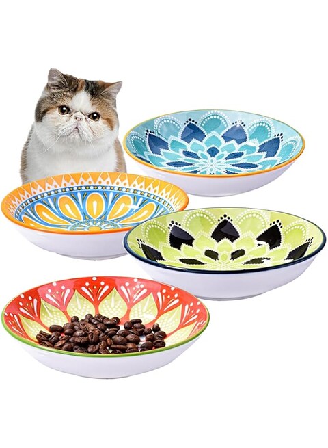BOSILI Ceramic Cat Food Plate Set of 4 Porcelain Dog Dish for Wet Food Wide Bowl to Relieve Whisker Fatigue, Shallow Bowl for Kittens and Small Animals