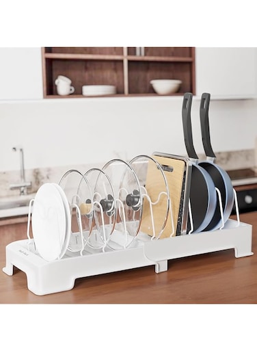 TERRIFI Expandable Pot Lid Organizer, Pot and Pan Organizer under Cabinet, with 10 Adjustable Dividers, No Drips Kitchen Cabinet Organizer for Cutting Board, Bakeware, Cookware