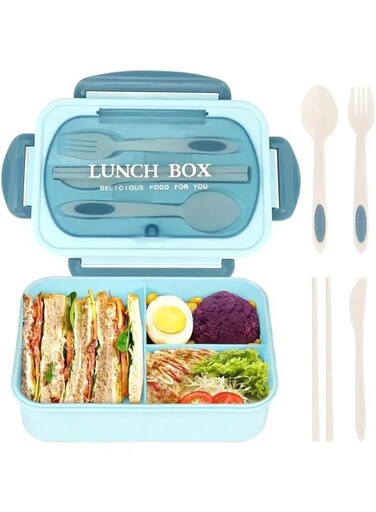 Lunch Box for Kids Boys School College, Bento Box with 3 Comp. Large 1400ml Leakproof Food Container, Reusable Spoon and Fork for Adults Office, Home, Travel (Sky Blue)